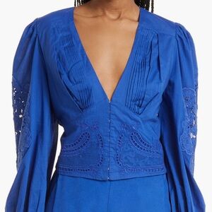 FARM Rio Royal Blue Pleated Cotton Embroidered Peasant Blouse Top